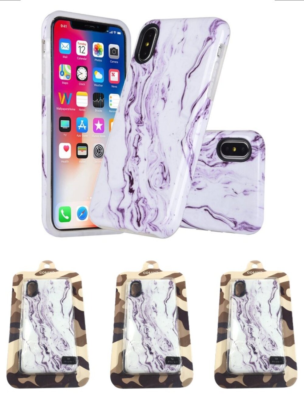 3 NEW iPhone Xs 1Os X 10 Cell Phone Case Cover Purple White Marble Swirl NWT